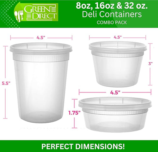 Deli Containers with Lids, Disposable Plastic Lunch Combo 60 Sets, 20 8 oz. & 20 16 oz. & 20 32 oz. Clear Food Storage Containers Leakproof, Plastic Round Freezer Soup Containers for Food