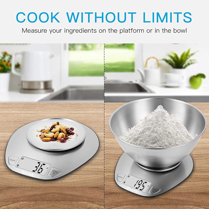 BAGAIL BASICS Electronic Kitchen Scale Premium Large Display Backing Scale Wet and Dry Food Weighing Scale with Stainless Steel Mixing Bowl - 5kg