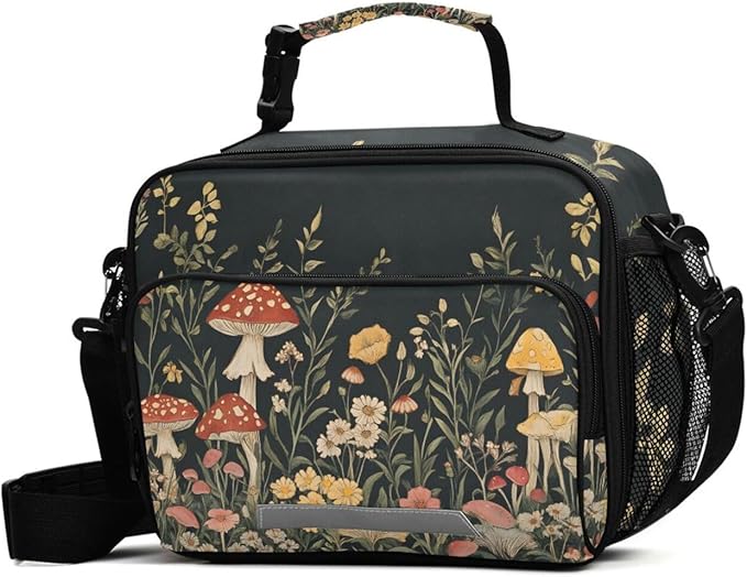 MNSRUU Student Lunch Bag Vintage Wildflower Mushrooms Insulated DinnerTotes Picnic Bag Lunch Box with Adjustable Shoulder Strap for Teen Kids Adults