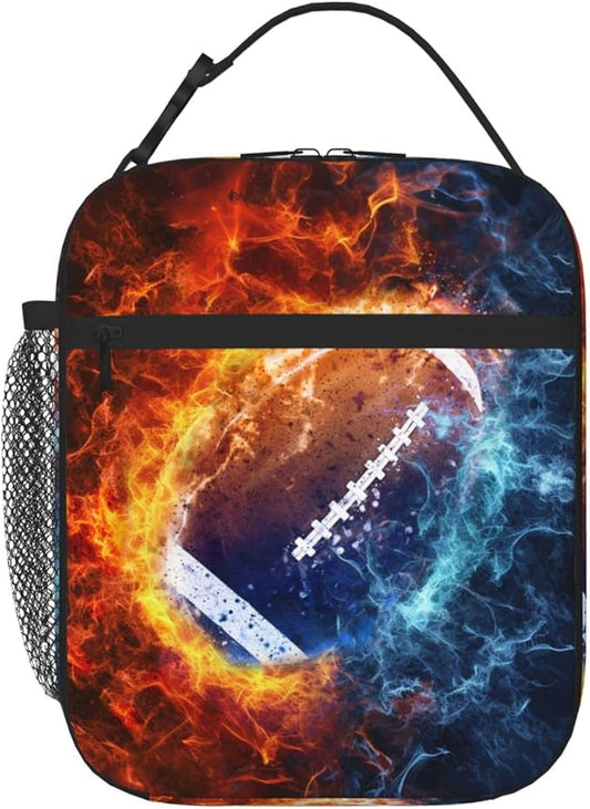 SARA NELL Colorful Fireball Football Lunch Box American Football Lunch Bag Insulated Reusable Portable Lunch Tote Cooler Bag for Women Men Teens Kids, Office Work School Travel Lunchbox