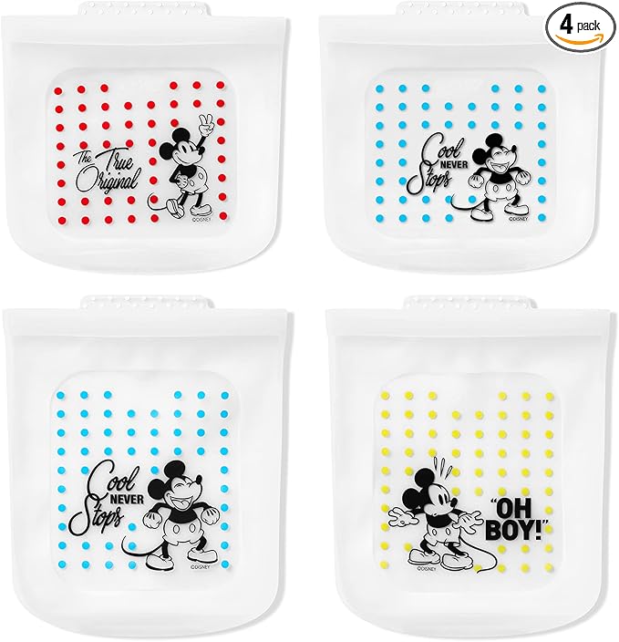 Pyrex Platinum Silicone Food Grade Reusable Storage Bag, Bundle 4-Pack Large and Small | Mickey Mouse | Eco-Friendly | Cook, Store, Sous Vide, or Freeze | Dishwasher, Freezer, and Microwave Safe
