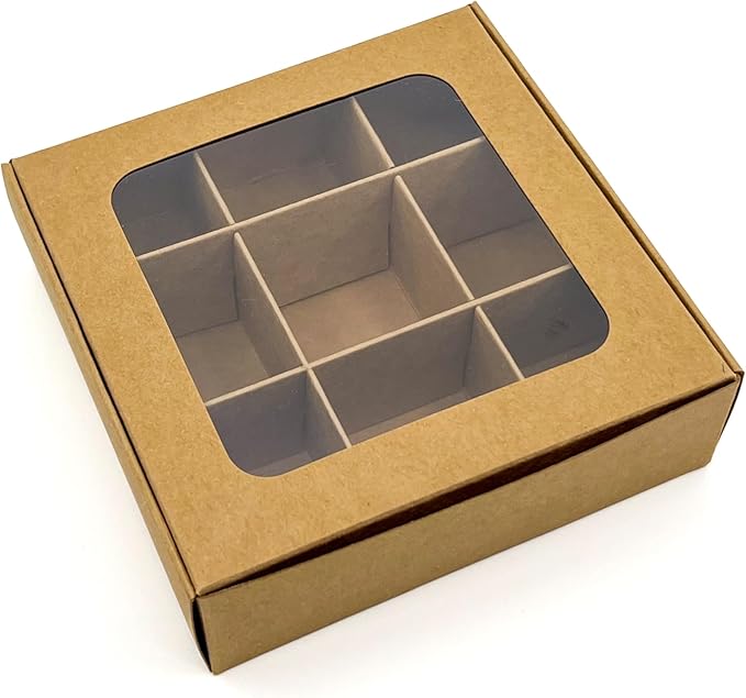Treat boxes with window and dividers | 9 X-SMALL compartments | 5 x 5 x 1.57 in | Empty candy boxes for gift giving, truffle box - perfect for Valentine's Day | 10-pack (Kraft)