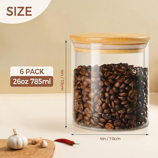 25oz Glass Storage Containers with Lids, Clear Glass Jars for Food Storage, Kitchen Pantry Organizers and Storage Jars, For Overnight Oatmeal, Spice Jar, Cereal, Coffee (Set of 6)