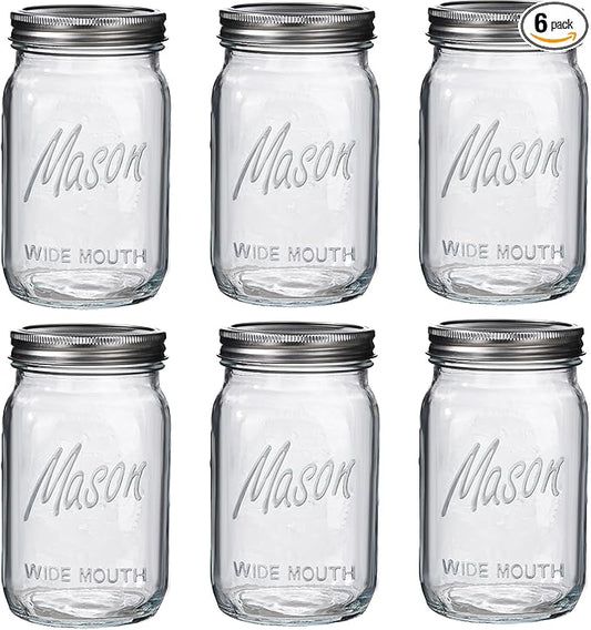 WELLIFE Wide Mouth Mason Jars, 6 Pack Mason Jars 32 oz for Pickling, Canning, Fermenting and Food Storage, Microwave & Dishwasher Safe