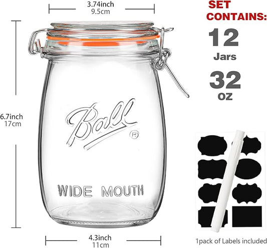 32oz Wide Mouth Mason Jars (12 Pack) – Reusable Airtight Glass Storage Jars with Hinged Lids, BPA-Free & Dishwasher Safe, Perfect for Canning, Pickling, Coffee & Fermenting
