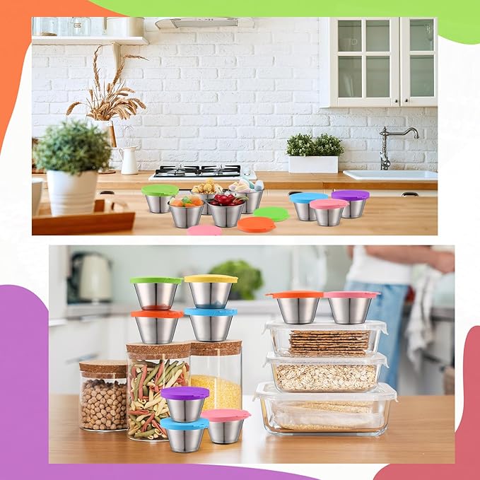 12 Pack 6 oz Stainless Steel Snack Containers with Silicone Lids Leak Proof Metal Snack Containers Stackable Lunch Box Food Storage for Daycare Travel Picnic
