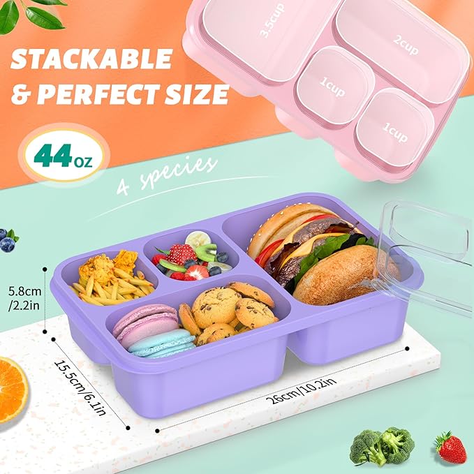 Bento Lunch Box - 4 Pack, Snack Box Containers Meal Prep Container Microwave Safe, Lunch Box of 4-Compartment, Bento Box Adult Lunch Box, Dishwasher Safety (PP(B/P/G/P))