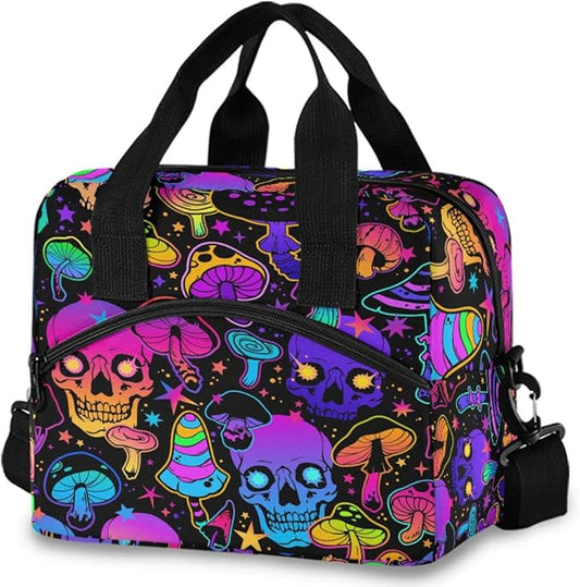 MNSRUU Insulated Lunch Bag Magic Skull Mushroom Purple Lunch Box Women & Men Cooler Bag Reusable Leakproof with Adjustable Shoulder Strap For Work & School