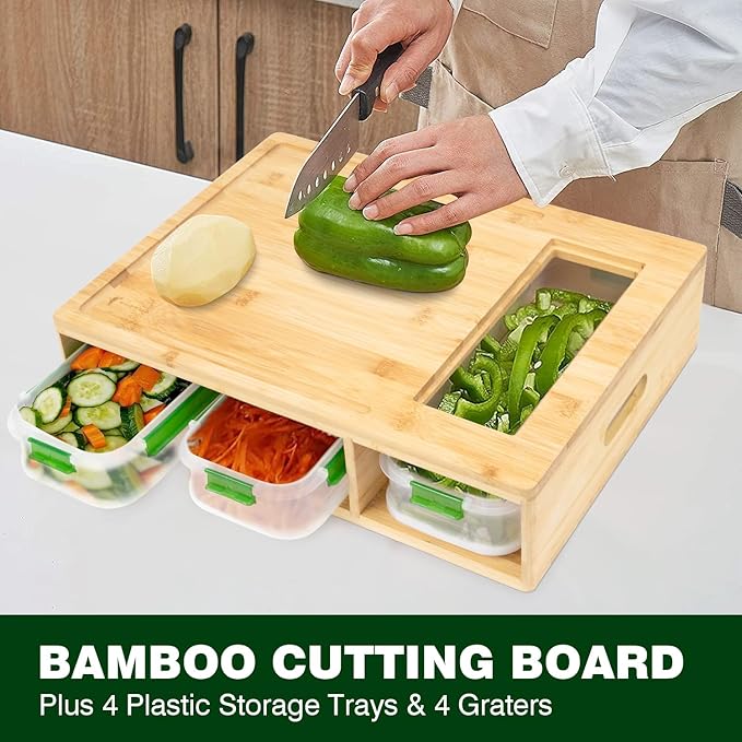 Bamboo Cutting Board with Containers, Large Smart Cutting Board Set with Stackable Containers, Built-in Graters and Locking Lid, Meal Prep Station, Chopping Board Set, Housewarming Gifts