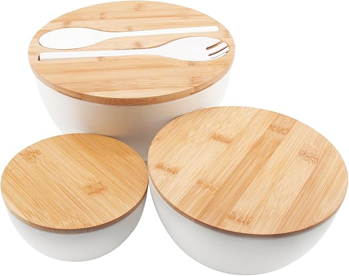 Salad Bowls Set of 3 with Lid & Serving Utensils, Bamboo Fiber Mixing Bowls Set Large Serving Bowls & Storage Set with Bamboo Lid for Salad, Kitchen Eating, Pasta, Popcorn, Chips, Fruit, White