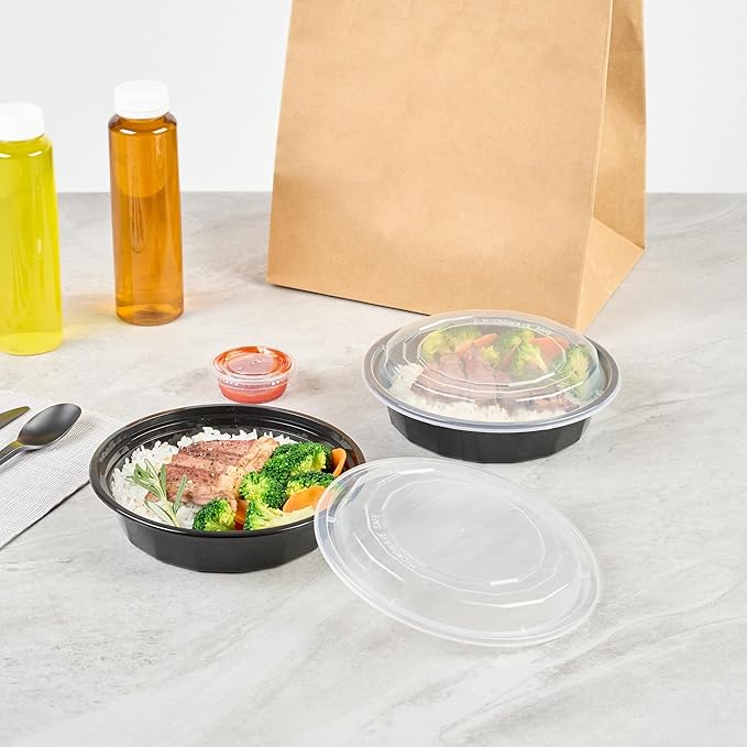 Restaurantware Asporto 24 Ounce To Go Boxes 100 Microwavable Take Out Food Containers - Clear Plastic Lids Included Do Not Contain BPA Black Plastic Catering Food Containers Disposable Round