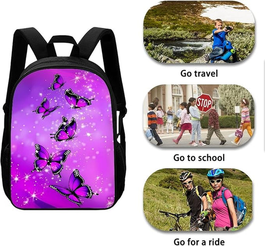 Dolyues 3 Piece Fashion Kids Backpack Set with Lunch Bag and Pencil Box, Purple Shiny Crystal Butterfly Print School Bookbag Outdoor Travel Bags Lightweight Daypack for Teen Girls