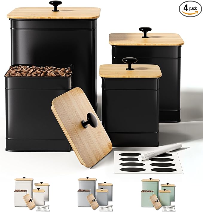 Kitchen Canisters for Countertop Set of 4 with Customizable Chalkboard Labels & Marker Pen - Big Iron Kitchen Canisters with Airtight Lids - Black Canister Set - Flour and Sugar Containers Farmhouse