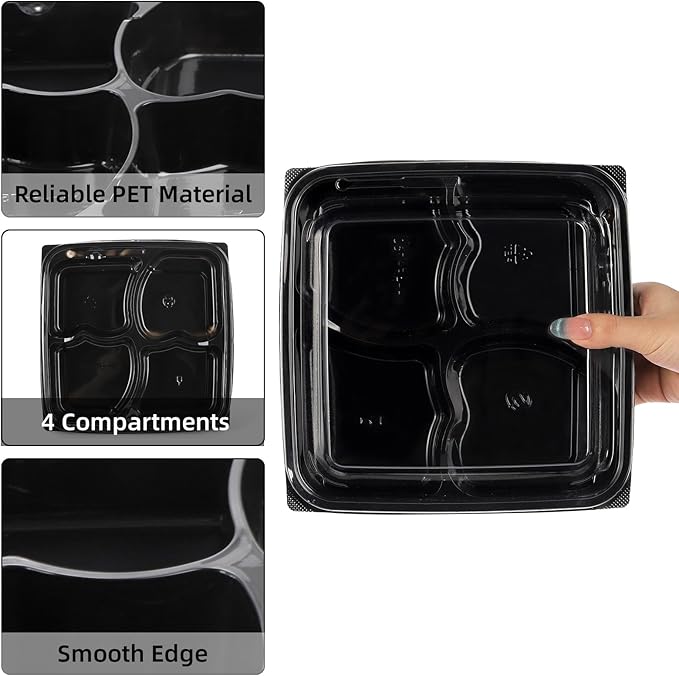 30 Pack (60-Pcs) Meal Prep Containers, 4 Compartment Bento Lunch Box with Lid, Disposable Plastic Food Storage To Go, 34oz Portion Control Take Out Box for Adult, Not Microwave Dishwasher Safe