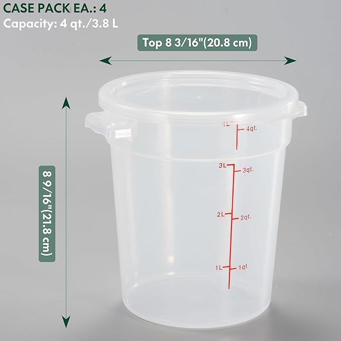CURTA 4 Quart Translucent Round Food Storage Container with Lid, Pack of 4 – NSF Listed, BPA-Free, Commercial-Grade Polypropylene, Freezer & Dishwasher Safe, Non-Stick, Easy-Read Graduations