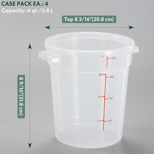 CURTA 4 Quart Translucent Round Food Storage Container with Lid, Pack of 4 – NSF Listed, BPA-Free, Commercial-Grade Polypropylene, Freezer & Dishwasher Safe, Non-Stick, Easy-Read Graduations