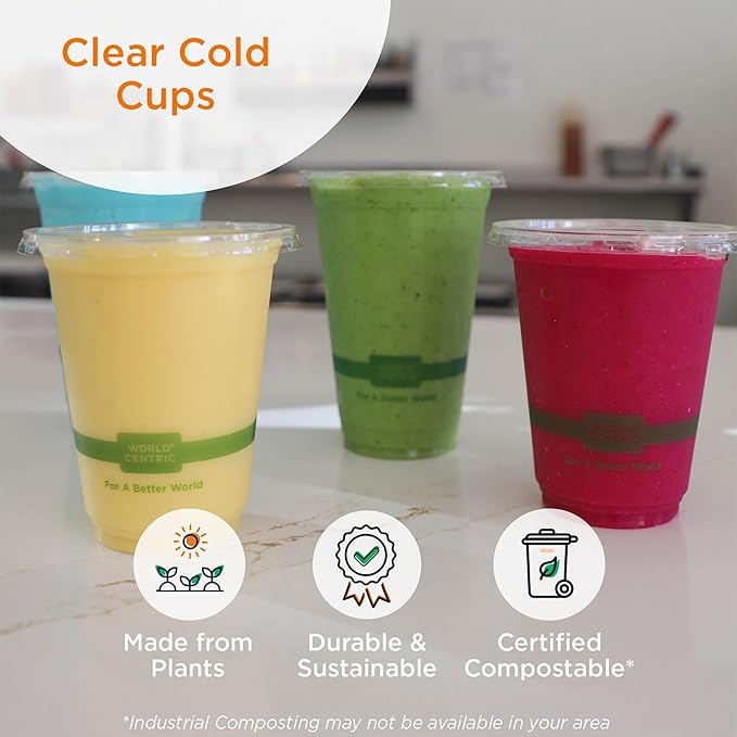 World Centric Compostable Cup Lids 9-24 oz - Made from Plants, Leak-Resistant - 200 Pack