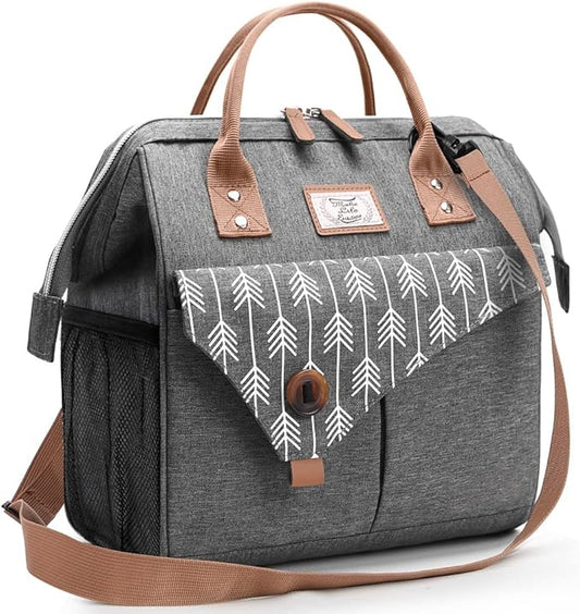 Lekesky Lunch Bag for Women Large Lunch Box Leakproof Cooler Purse for Adults, Cute Insulated Lunch Tote for Work, Lunchbag with Side Pockets and Adjustable Shoulder Strap, 15L, Grey