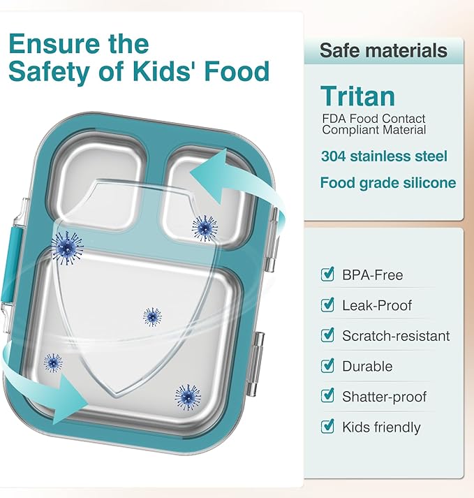 Stainless Steel Lunch Box, 3 Compartments Metal Bento Box for Kids Adults, Leak-Proof Lunch Box for School Office, Dishwasher Safe, BPA-Free, Tritan Lid, Blue