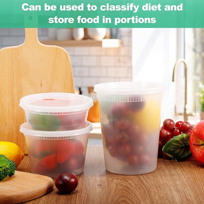 Blcculi 60 Set Deli Containers with Lids,Plastic Deli Food Storage Containers,Leakproof Soup Containers with Airtight Lids,Stackable,Dishwasher,Microwave Safe (8oz-20Set, 16oz-20 Set, 32oz-20 Set)