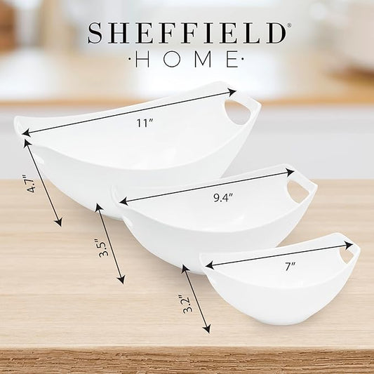 3 Piece Large Serving Bowls with Handle - 15, 28 & 39Oz Microwave and Dishwasher Safe Stoneware Fruit Bowl - Stylish Ceramic Bowls for Kitchen, Dinner Parties, Salad & Side Dishes (White)