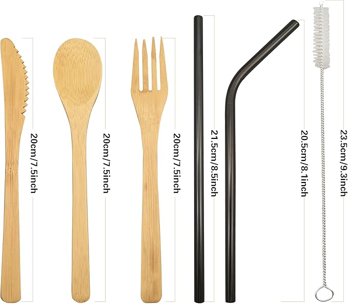UPTRUST 2 Set Reusable Bamboo Cutlery Set - 6-Piece Flatware with 7.8 Inch Bamboo Knife, Fork, Spoon - 3 Colors Metal Straw and Clean Brush