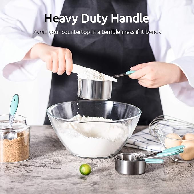 U-Taste 18/8 Stainless Steel Measuring Cups and Spoons Set (Set of 10, Aqua Sky), and 600℉ Heat Proof Long Non-Scratch Silicone Solid & Slotted Cooking Spoon for Mixing & Serving (Set of 2, Aqua Sk