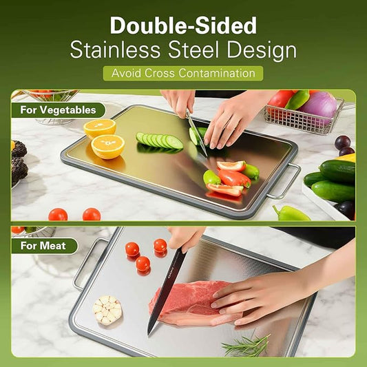 Double-Sided Stainless Steel Cutting Board for Kitchen, 19''×11.1'' Scratch-Resistant Cutting Board for Meat, Vegetables & Fruits, Rust-Resistant Chopping Board with Juice Groove on Both sides