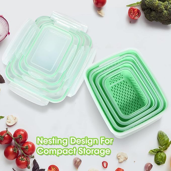 TBMax 4 Pack Fruit and Vegetable Storage Containers for Refrigerator, Produce Saver with Fridge Organizers, Plastic Freezer Containers - Green