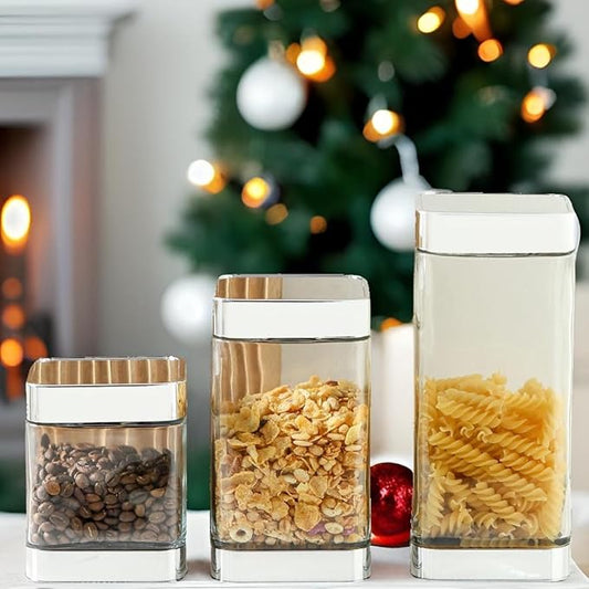 Glass Storage Jars-Large Kitchen Glass Canisters with Airtight Lids -Coffee Pasta Sugar Tea Snack Nuts Cookie Flour Food Container - Set of 3， Silver