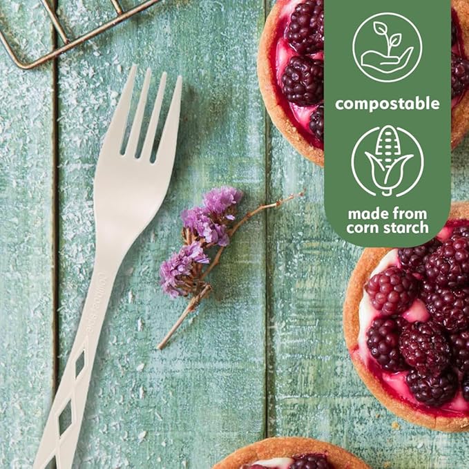 100% Compostable Non Plastic Forks [100 Pack] CPLA Disposable Forks. Non Plastic Silverware Set. Eco-Friendly Cutlery, Off White Flatware, Extra Sturdy Utensils, by Earth's Natural Alternative