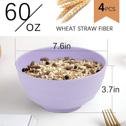 Wheat Straw Bowl Sets,4 PCS Unbreakable Cereal Bowl 60 OZ，Microwave and Dishwasher Safe Bowls,Super Big Bowl Sets BPA Free Large Salad Bowls for Serving Soup,Oatmeal and Fruit Etc…