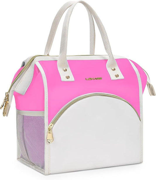 LOKASS Lunch Bag Women Insulated Lunch Box, Wide-Open Lunch Tote Bag Leak-proof Cooler Bag for Work Picnic-（Neon Pink）