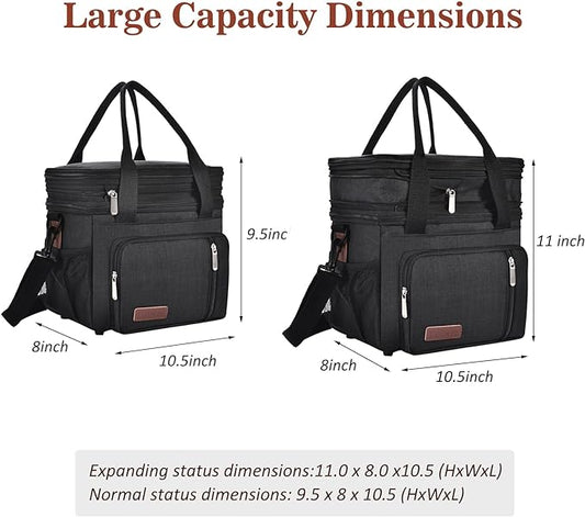 LOKASS Lunch Bag for Women/Men Work, 16L Expandable Double Deck Lunch box, Waterproof Leak-proof Cooler Bag, Portable Meal Prep Lunchbag with Adjustable Shoulder Strap-Black