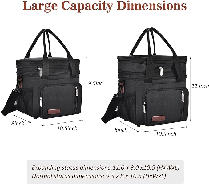 Lunch Box & Lunch Bag for Men Women, Large Insulated Adult Lunch Box Leakproof Lunchbox Cooler Bag for Work Picnic Beach,16L, Black