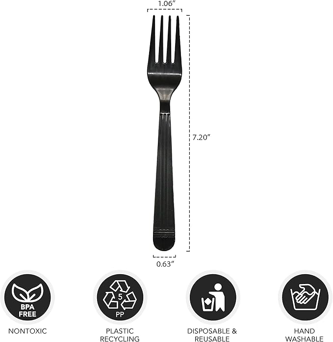 Party Essentials Individually Wrapped Black Plastic Utensil Sets/Heavy Duty Flatware Packs, Fork, 100 Sets