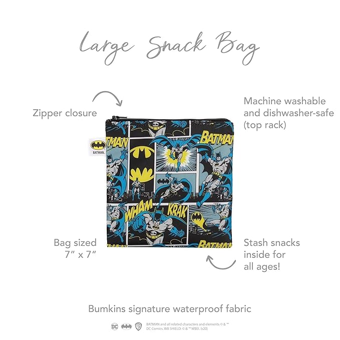 Bumkins Reusable Sandwich and Snack Bags, for Kids School Lunch and for Adults Portion, Washable Fabric, Waterproof Cloth Zip Bag, Travel Pouch, Food-Safe Storage, Large, DC Comics Batman