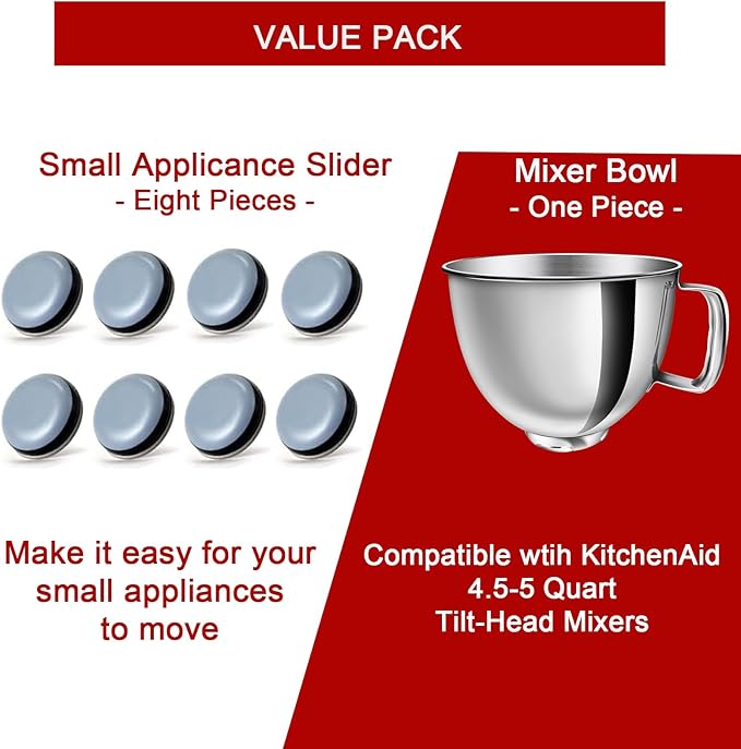 5 QT Stainless Steel Mixer Bowl Kit Compatible with KitchenAid Artisan&Classic Series 4.5-5QT Tilt-Head Mixers K45 KSM70 KSM150 etc. Replacment for KitchenAid Mixer Bowl(1 Bowl+8 Sliders)