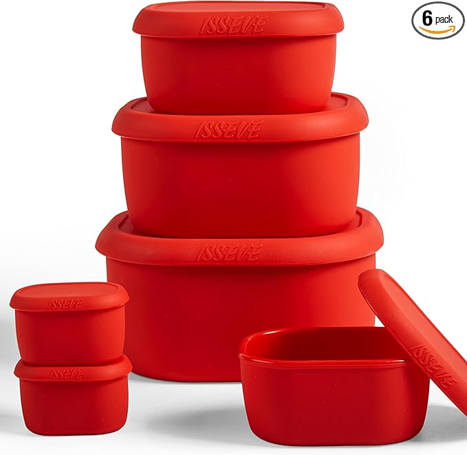 ISSEVE 6Pcs/Set Nesting Silicone Food Storage Containers with Lids, BPA Free Reusable Meal Prep Silicone Containers Lunch Box Bento Box Set (33.8oz, 20oz, 10oz, 6.7oz, 1.3oz) (Red)