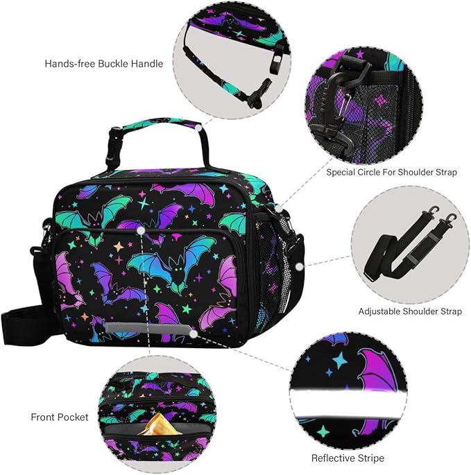 MNSRUU Unisex Insulated Lunch Bag, Bat 12, Fabric, 11"x4.33"x 9.05", Ample Storage Space, Keeps Food Warm, Lightweight, Portable, Suitable for Kids, Friends, Family