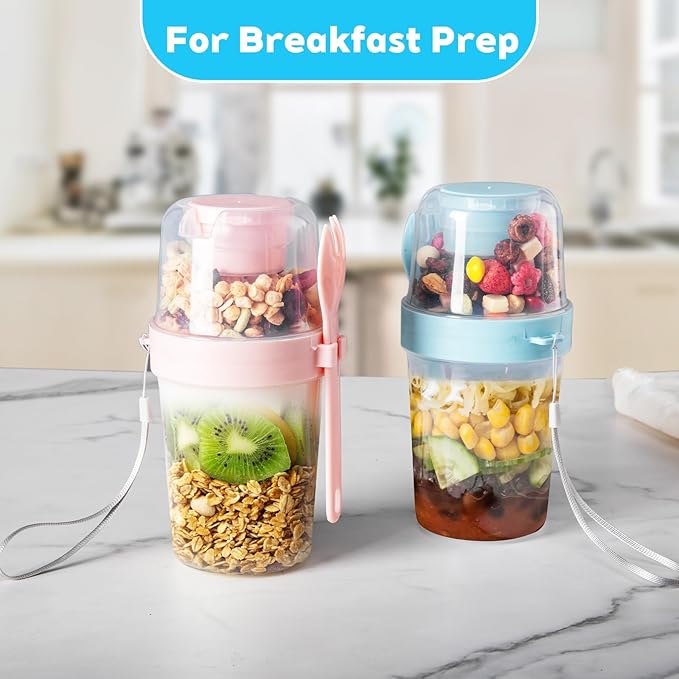 TINSKY 4 Pack 27oz Yogurt Parfait Cups with Lids and Spoons, Overnight Oats Containers, Reusable Topping Compartment for Breakfast with Yogurt, Cereal or Oatmeal On-the-Go