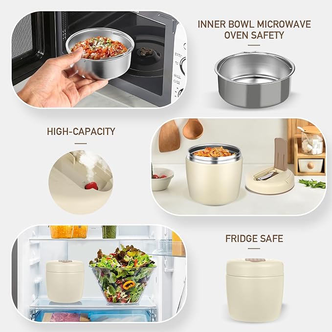 Thermo for Hot Food 32oz, Vacuum Insulated Food Jar for Adults, Stainless Steel Soup Thermo Wide Mouth Leakproof Lunch Containers with Spoon for School Office, Beige