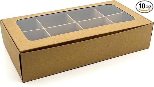 Treat boxes with window and dividers | 8 SMALL compartments | 8.75 x 4.5 x 1.9 in | Chocolate covered strawberries supplies, macaron boxes, baked goods packaging | 10-pack (Kraft)