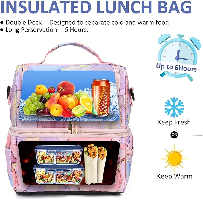 LOKASS Lunch Bags for Women Double Deck Insulated Lunch Box Large Cooler Tote Bag with Removable Shoulder Strap Wide Open Thermal Meal Prep Lunch Organizer Box for Adults/Work/Outdoor, Pink