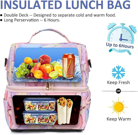 LOKASS Lunch Bags for Women Double Deck Insulated Lunch Box Large Cooler Tote Bag with Removable Shoulder Strap Wide Open Thermal Meal Prep Lunch Organizer Box for Adults/Work/Outdoor, Pink