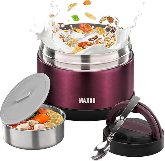 MAXSO Food Jar for Hot Food - 24 OZ Soup Thermo for Adults Vacuum Insulated Lunch Containers with Foldable Spoon & Thermal Bag, Wide Mouth Leakproof Bento Box - Burgundy