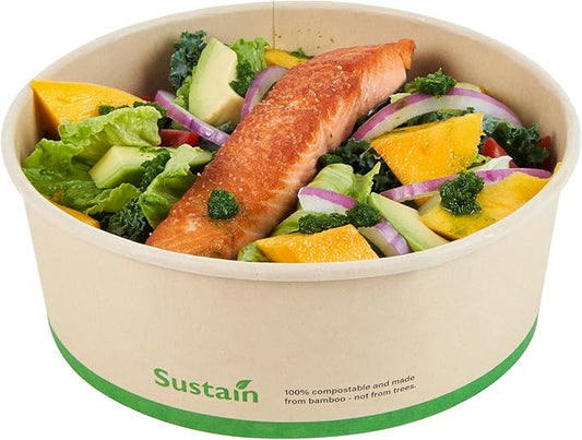 Restaurantware-Sustain 44 Ounce Sturdy Paper Take Out Boxes, 50 Round Take Out Food Containers - With PLA lining, Compostable, Bamboo Paper Containers, Disposable, Greaseproof