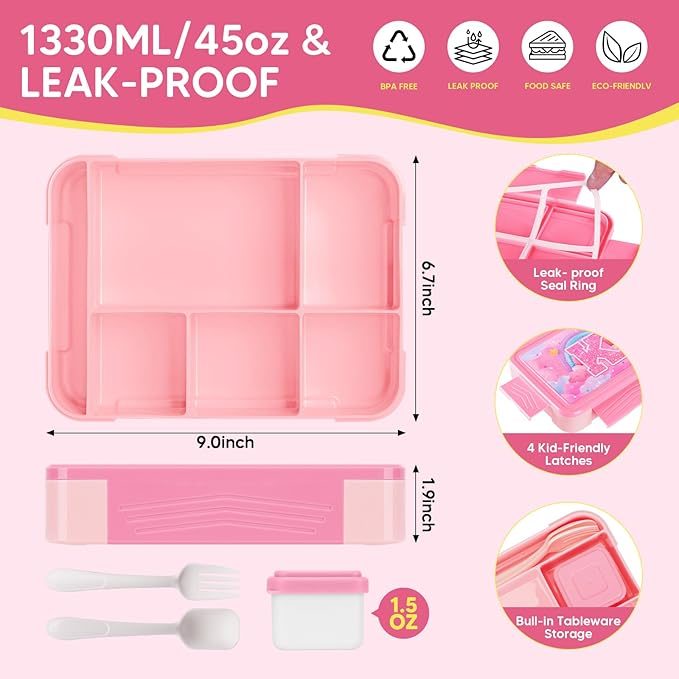 JYPS Bento Box for Kids with Leak-proof Insulated Lunch Bag,BPA Free Kids Lunch Box with 6 Compartment,Salad Container,Utensils,Perfect Lunchbox for Girls and Toddlers Back to School Age 7-15(Pink K)