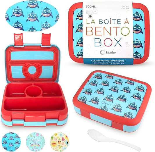 kinsho Lunch Box for Kids Toddlers Boys, BPA Free, Removable Tray, Pre-School Kid Daycare Lunches Snack Container Ages 3 to 5, Baby Blue Shark