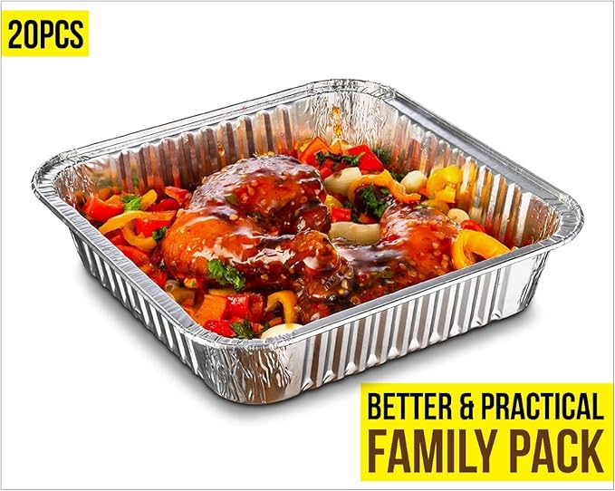 Large Disposable Aluminium Foil Trays Containers with Paper Lids 25x25x4 cm, Takeaway Containers Good for Baking Roasting Broiling Cooking Food Storage (20 Trays and Lids)